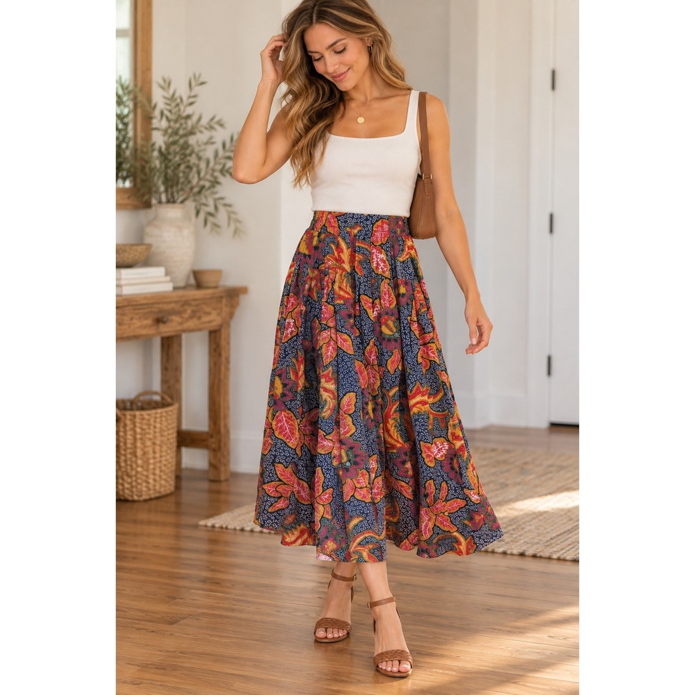 Sustanza Vintage 90s Tropical Floral Batik Midi Skirt Womens S Made in USA